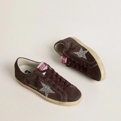 Golden Goose Super-Star Sneaker In Brown Suede With Silver Glitter Star Golden Goose Super-Star Sneaker In Brown Suede With Silver Glitter Star