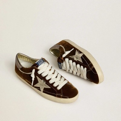 Golden Goose Super-Star Sneaker In Cognac Velvet With Metallic Leather Star And Heel Tab Golden Goose Super-Star Sneaker In Cognac Velvet With Metallic Leather Star And Heel Tab