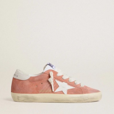 Golden Goose Super-Star Sneaker In Coral Suede With White Leather Star And Heel Tab Golden Goose Super-Star Sneaker In Coral Suede With White Leather Star And Heel Tab