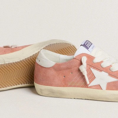 Golden Goose Super-Star Sneaker In Coral Suede With White Leather Star And Heel Tab Golden Goose Super-Star Sneaker In Coral Suede With White Leather Star And Heel Tab