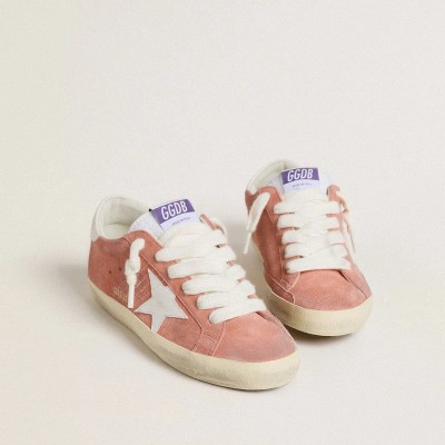 Golden Goose Super-Star Sneaker In Coral Suede With White Leather Star And Heel Tab Golden Goose Super-Star Sneaker In Coral Suede With White Leather Star And Heel Tab