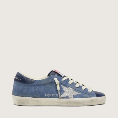 Golden Goose Super-Star Sneaker In Denim-Blue Suede With Silver Glitter Star Golden Goose Super-Star Sneaker In Denim-Blue Suede With Silver Glitter Star