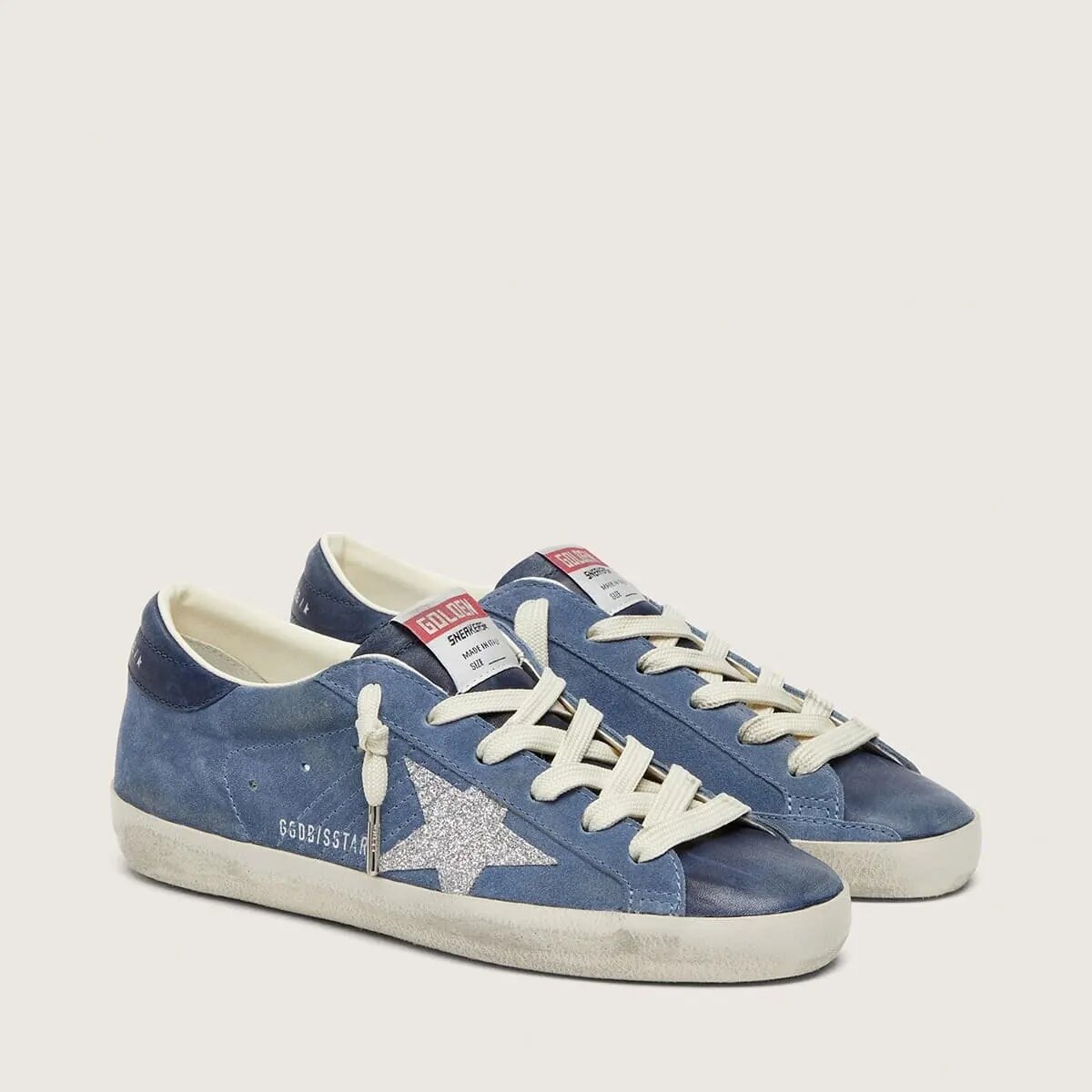 Golden Goose Super-Star Sneaker In Denim-Blue Suede With Silver Glitter Star Golden Goose Super-Star Sneaker In Denim-Blue Suede With Silver Glitter Star