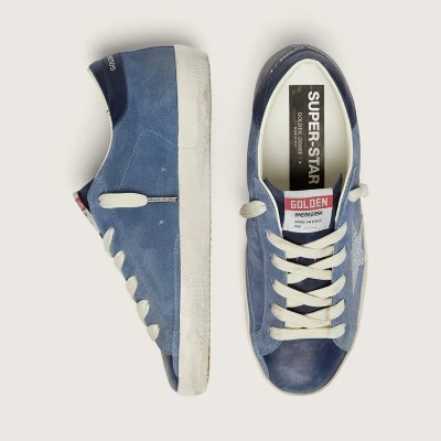 Golden Goose Super-Star Sneaker In Denim-Blue Suede With Silver Glitter Star Golden Goose Super-Star Sneaker In Denim-Blue Suede With Silver Glitter Star