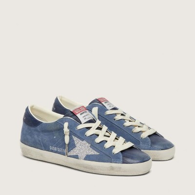 Golden Goose Super-Star Sneaker In Denim-Blue Suede With Silver Glitter Star Golden Goose Super-Star Sneaker In Denim-Blue Suede With Silver Glitter Star