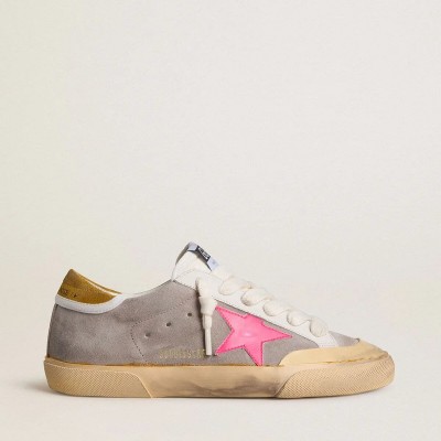 Golden Goose Super-Star Sneaker In Dove-Gray Suede With Fuchsia Leather Star And Ocher Suede Heel Tab Golden Goose Super-Star Sneaker In Dove-Gray Suede With Fuchsia Leather Star And Ocher Suede Heel Tab