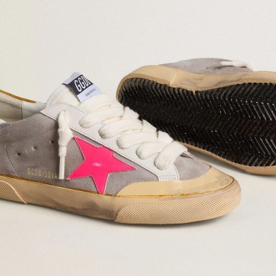 Golden Goose Super-Star Sneaker In Dove-Gray Suede With Fuchsia Leather Star And Ocher Suede Heel Tab Golden Goose Super-Star Sneaker In Dove-Gray Suede With Fuchsia Leather Star And Ocher Suede Heel Tab