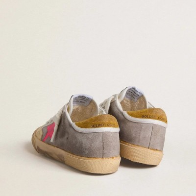 Golden Goose Super-Star Sneaker In Dove-Gray Suede With Fuchsia Leather Star And Ocher Suede Heel Tab Golden Goose Super-Star Sneaker In Dove-Gray Suede With Fuchsia Leather Star And Ocher Suede Heel Tab