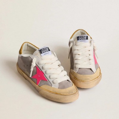 Golden Goose Super-Star Sneaker In Dove-Gray Suede With Fuchsia Leather Star And Ocher Suede Heel Tab Golden Goose Super-Star Sneaker In Dove-Gray Suede With Fuchsia Leather Star And Ocher Suede Heel Tab
