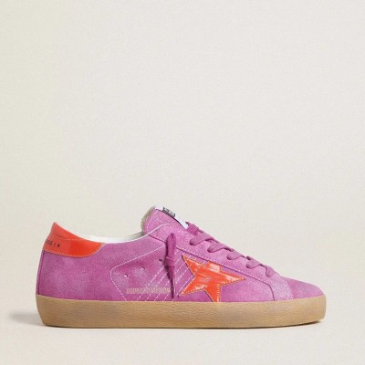 Golden Goose Super-Star Sneaker In Fuchsia Suede With Fluorescent Orange Laminated Leather Star And Heel Tab Golden Goose Super-Star Sneaker In Fuchsia Suede With Fluorescent Orange Laminated Leather Star And Heel Tab