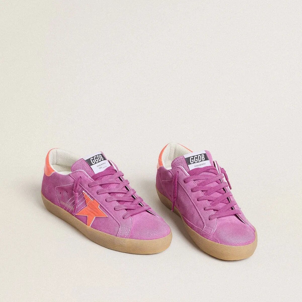 Golden Goose Super-Star Sneaker In Fuchsia Suede With Fluorescent Orange Laminated Leather Star And Heel Tab Golden Goose Super-Star Sneaker In Fuchsia Suede With Fluorescent Orange Laminated Leather Star And Heel Tab