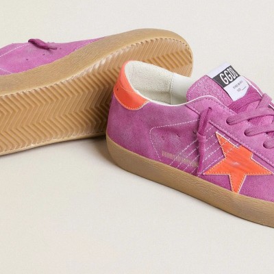 Golden Goose Super-Star Sneaker In Fuchsia Suede With Fluorescent Orange Laminated Leather Star And Heel Tab Golden Goose Super-Star Sneaker In Fuchsia Suede With Fluorescent Orange Laminated Leather Star And Heel Tab