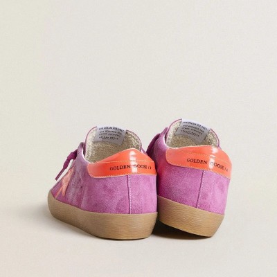 Golden Goose Super-Star Sneaker In Fuchsia Suede With Fluorescent Orange Laminated Leather Star And Heel Tab Golden Goose Super-Star Sneaker In Fuchsia Suede With Fluorescent Orange Laminated Leather Star And Heel Tab