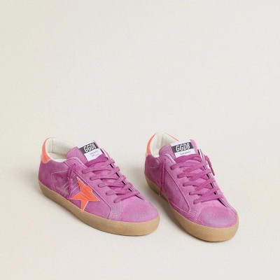 Golden Goose Super-Star Sneaker In Fuchsia Suede With Fluorescent Orange Laminated Leather Star And Heel Tab Golden Goose Super-Star Sneaker In Fuchsia Suede With Fluorescent Orange Laminated Leather Star And Heel Tab