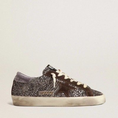 Golden Goose Super-Star Sneaker In Glitter With A Brown Star And Lilac Heel Tab Golden Goose Super-Star Sneaker In Glitter With A Brown Star And Lilac Heel Tab