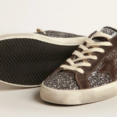 Golden Goose Super-Star Sneaker In Glitter With A Brown Star And Lilac Heel Tab Golden Goose Super-Star Sneaker In Glitter With A Brown Star And Lilac Heel Tab