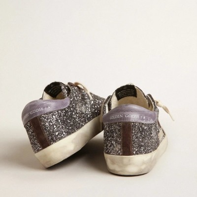 Golden Goose Super-Star Sneaker In Glitter With A Brown Star And Lilac Heel Tab Golden Goose Super-Star Sneaker In Glitter With A Brown Star And Lilac Heel Tab