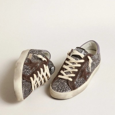 Golden Goose Super-Star Sneaker In Glitter With A Brown Star And Lilac Heel Tab Golden Goose Super-Star Sneaker In Glitter With A Brown Star And Lilac Heel Tab