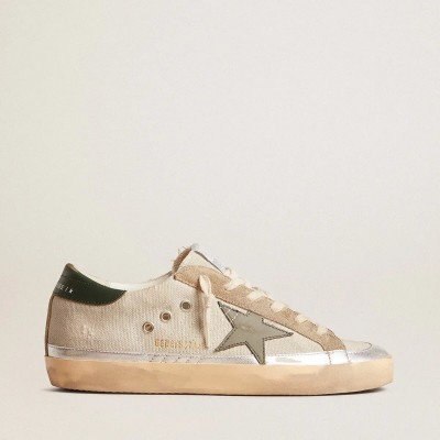Golden Goose Super-Star Sneaker In Gray Canvas With A Green Leather Star And Heel Tab
