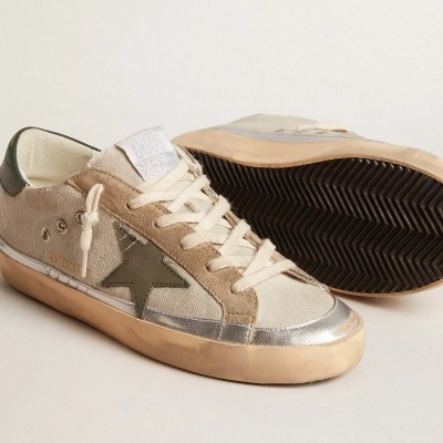 Golden Goose Super-Star Sneaker In Gray Canvas With A Green Leather Star And Heel Tab