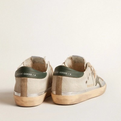 Golden Goose Super-Star Sneaker In Gray Canvas With A Green Leather Star And Heel Tab