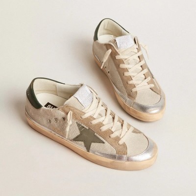 Golden Goose Super-Star Sneaker In Gray Canvas With A Green Leather Star And Heel Tab