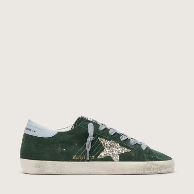 Golden Goose Super-Star Sneaker In Green Suede, Silver Glitter Star And Leather Heel Tab Golden Goose Super-Star Sneaker In Green Suede, Silver Glitter Star And Leather Heel Tab