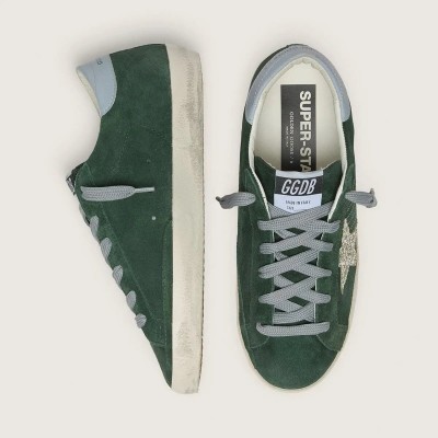 Golden Goose Super-Star Sneaker In Green Suede, Silver Glitter Star And Leather Heel Tab Golden Goose Super-Star Sneaker In Green Suede, Silver Glitter Star And Leather Heel Tab