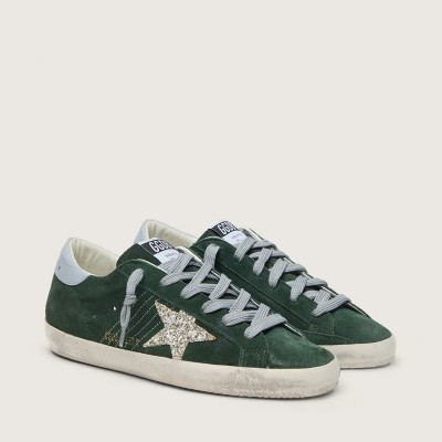 Golden Goose Super-Star Sneaker In Green Suede, Silver Glitter Star And Leather Heel Tab Golden Goose Super-Star Sneaker In Green Suede, Silver Glitter Star And Leather Heel Tab