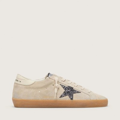 Golden Goose Super-Star Sneaker In Ice-Gray Suede With Silver Glitter Star And Leather Heel Tab Golden Goose Super-Star Sneaker In Ice-Gray Suede With Silver Glitter Star And Leather Heel Tab