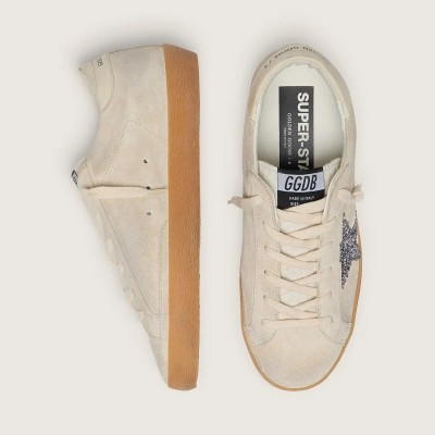 Golden Goose Super-Star Sneaker In Ice-Gray Suede With Silver Glitter Star And Leather Heel Tab Golden Goose Super-Star Sneaker In Ice-Gray Suede With Silver Glitter Star And Leather Heel Tab