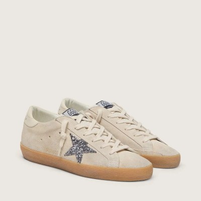 Golden Goose Super-Star Sneaker In Ice-Gray Suede With Silver Glitter Star And Leather Heel Tab Golden Goose Super-Star Sneaker In Ice-Gray Suede With Silver Glitter Star And Leather Heel Tab