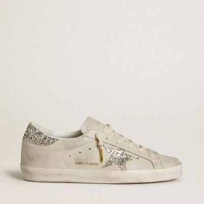 Golden Goose Super-Star Sneaker In Ivory Nappa Leather With Platinum Glitter Star And Heel Tab Golden Goose Super-Star Sneaker In Ivory Nappa Leather With Platinum Glitter Star And Heel Tab