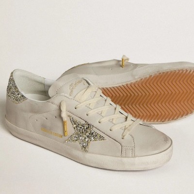 Golden Goose Super-Star Sneaker In Ivory Nappa Leather With Platinum Glitter Star And Heel Tab Golden Goose Super-Star Sneaker In Ivory Nappa Leather With Platinum Glitter Star And Heel Tab