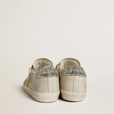 Golden Goose Super-Star Sneaker In Ivory Nappa Leather With Platinum Glitter Star And Heel Tab Golden Goose Super-Star Sneaker In Ivory Nappa Leather With Platinum Glitter Star And Heel Tab