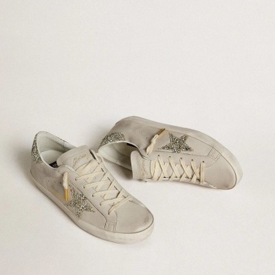 Golden Goose Super-Star Sneaker In Ivory Nappa Leather With Platinum Glitter Star And Heel Tab Golden Goose Super-Star Sneaker In Ivory Nappa Leather With Platinum Glitter Star And Heel Tab
