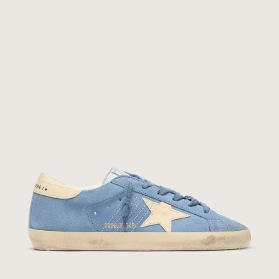 Golden Goose Super-Star Sneaker In Light Blue Suede With Beige Leather Star And Heel Tab Golden Goose Super-Star Sneaker In Light Blue Suede With Beige Leather Star And Heel Tab