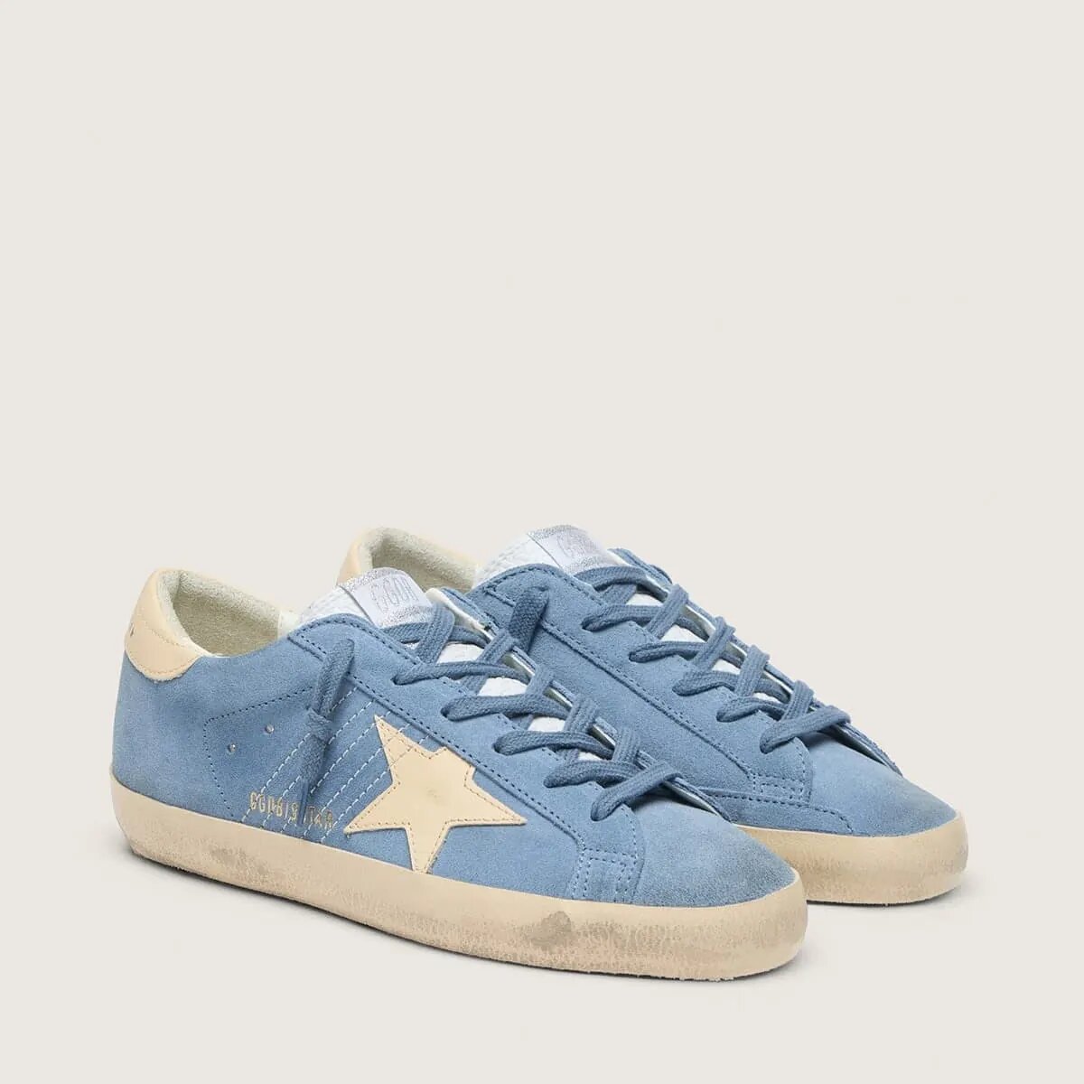 Golden Goose Super-Star Sneaker In Light Blue Suede With Beige Leather Star And Heel Tab Golden Goose Super-Star Sneaker In Light Blue Suede With Beige Leather Star And Heel Tab
