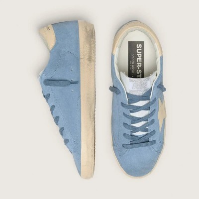 Golden Goose Super-Star Sneaker In Light Blue Suede With Beige Leather Star And Heel Tab Golden Goose Super-Star Sneaker In Light Blue Suede With Beige Leather Star And Heel Tab