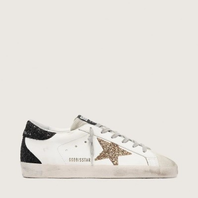 Golden Goose Super-Star Sneaker In Nappa Leather With Gold Glitter Star And Black Glitter Heel Tab Golden Goose Super-Star Sneaker In Nappa Leather With Gold Glitter Star And Black Glitter Heel Tab