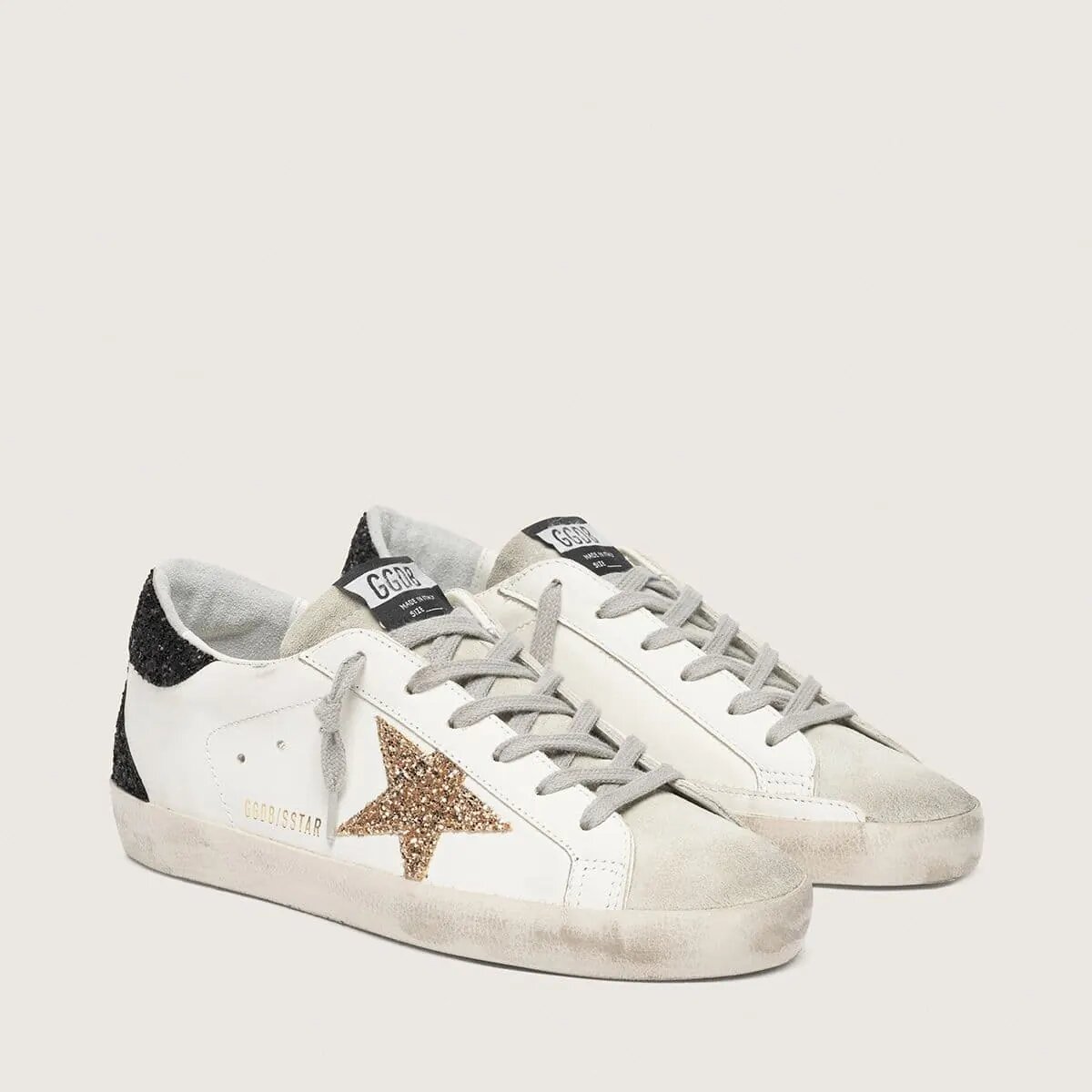 Golden Goose Super-Star Sneaker In Nappa Leather With Gold Glitter Star And Black Glitter Heel Tab Golden Goose Super-Star Sneaker In Nappa Leather With Gold Glitter Star And Black Glitter Heel Tab