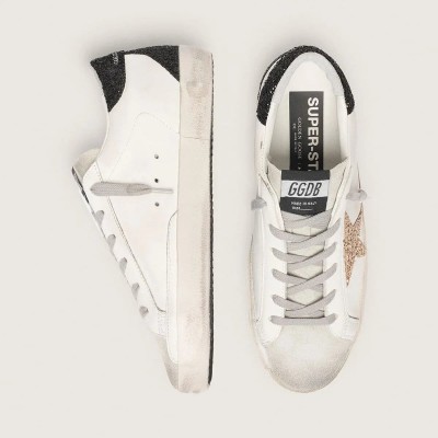 Golden Goose Super-Star Sneaker In Nappa Leather With Gold Glitter Star And Black Glitter Heel Tab Golden Goose Super-Star Sneaker In Nappa Leather With Gold Glitter Star And Black Glitter Heel Tab