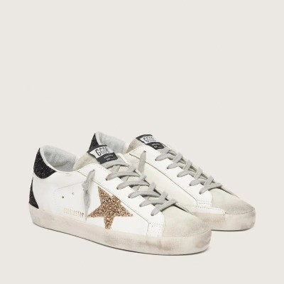 Golden Goose Super-Star Sneaker In Nappa Leather With Gold Glitter Star And Black Glitter Heel Tab Golden Goose Super-Star Sneaker In Nappa Leather With Gold Glitter Star And Black Glitter Heel Tab