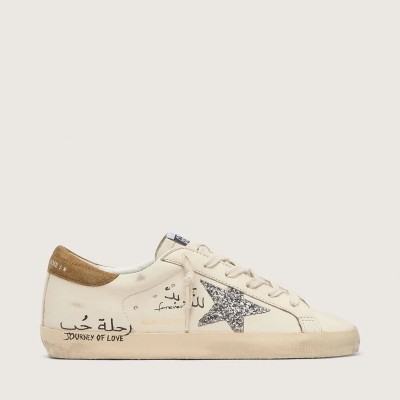 Golden Goose Super-Star Sneaker In Nappa With Silver Glitter Star And All-Over Lettering
