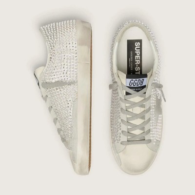 Golden Goose Super-Star Sneaker In Nubuck With Swarovski Crystals And Ice-Gray Suede Star Golden Goose Super-Star Sneaker In Nubuck With Swarovski Crystals And Ice-Gray Suede Star