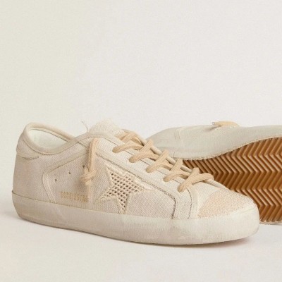 Golden Goose Super-Star Sneaker In Pearl-Colored Canvas With A Tone-On-Tone Mesh Effect Star Golden Goose Super-Star Sneaker In Pearl-Colored Canvas With A Tone-On-Tone Mesh Effect Star