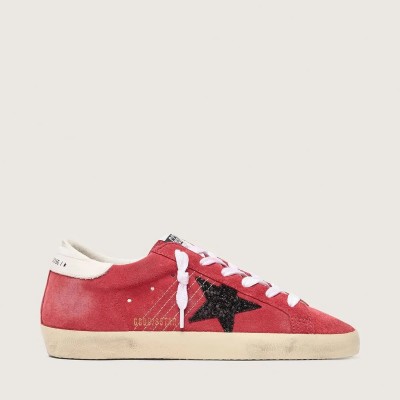 Golden Goose Super-Star Sneaker In Red Suede With Glitter Star And White Heel Tab
