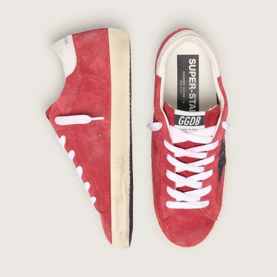 Golden Goose Super-Star Sneaker In Red Suede With Glitter Star And White Heel Tab
