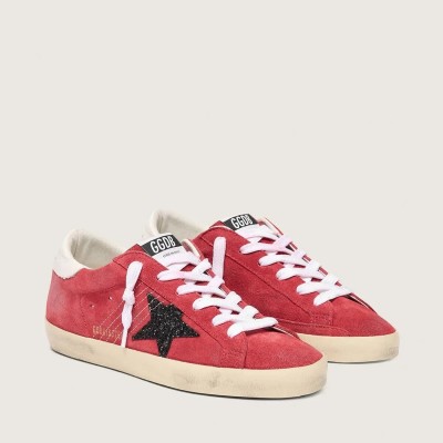 Golden Goose Super-Star Sneaker In Red Suede With Glitter Star And White Heel Tab Golden Goose Super-Star Sneaker In Red Suede With Glitter Star And White Heel Tab