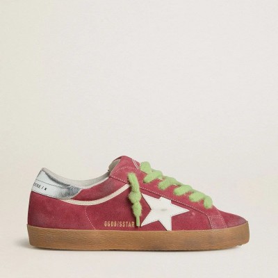 Golden Goose Super-Star Sneaker In Red Suede With White Leather Star And Silver Leather Heel Tab Golden Goose Super-Star Sneaker In Red Suede With White Leather Star And Silver Leather Heel Tab